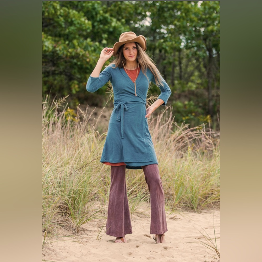 Bohemian Folk Clothing Long Sleeve Wrap Dress in Sagebrush